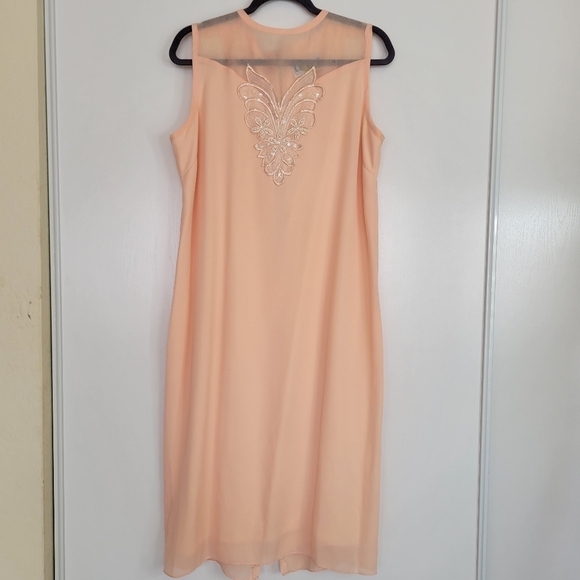 Vntg 1960s Le Art Embellished Neckline Sleeveless Midi Chiffon Shift Dress Sz 16 - Picture 1 of 17